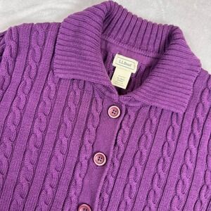 LL Bean Purple Cotton Cable Knit Short Sleeve Cardigan Sweater XL 0HNS4